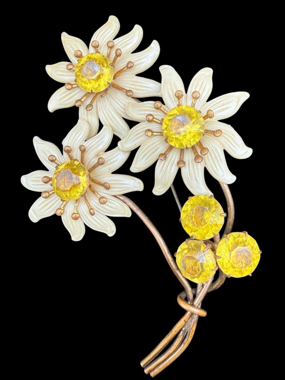 Vintage Yellow Crystal & Cream Enamel Floral Brooch